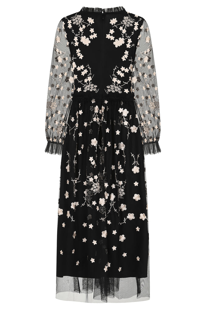 Robe midi noire brodée de fleurs