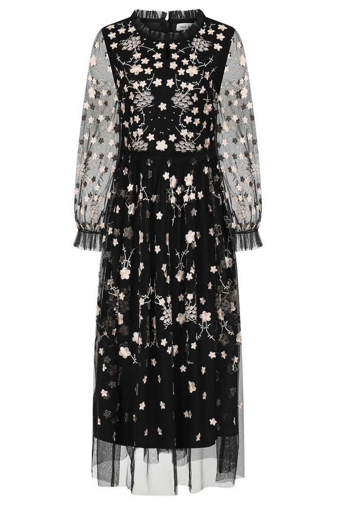 Robe midi noire brodée de fleurs