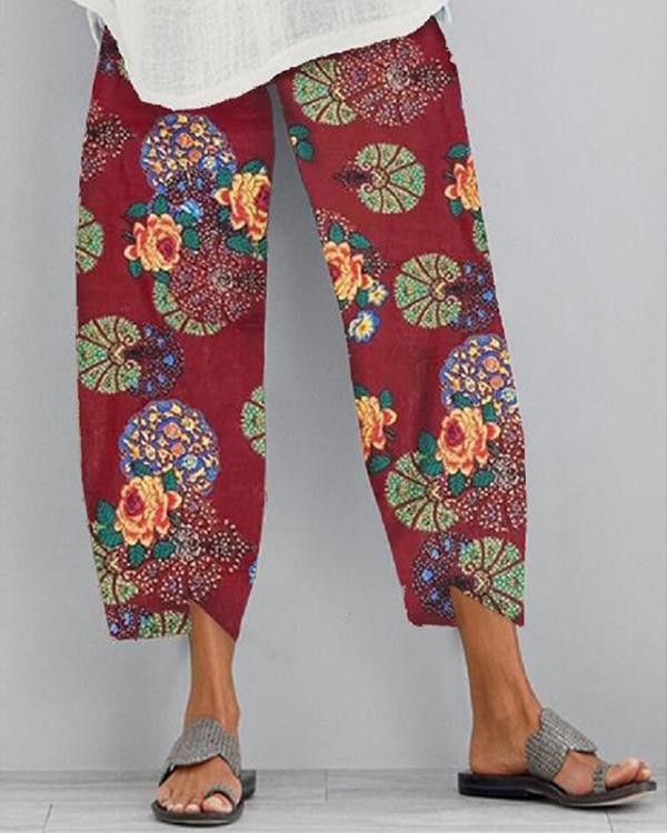 Pantalon court élastique imprimé en coton et lin