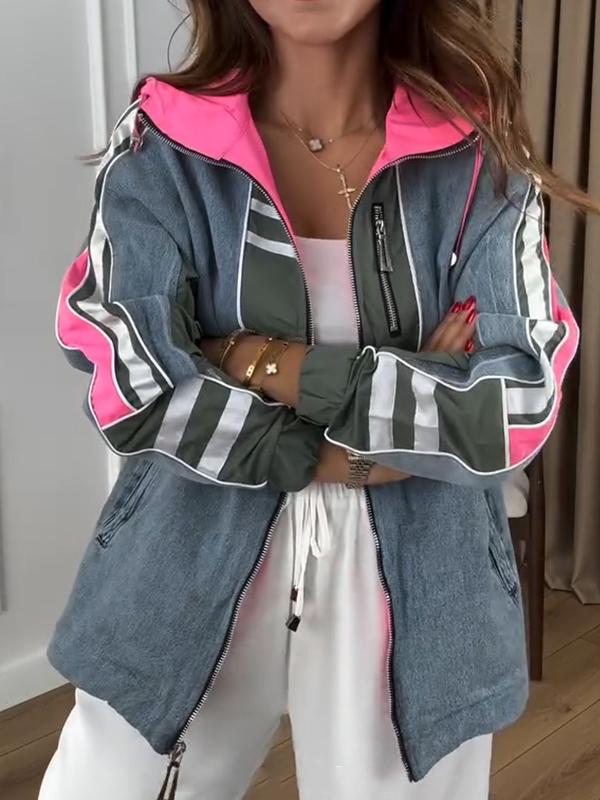 Manteau patchwork à capuche et manches longues pour femmes