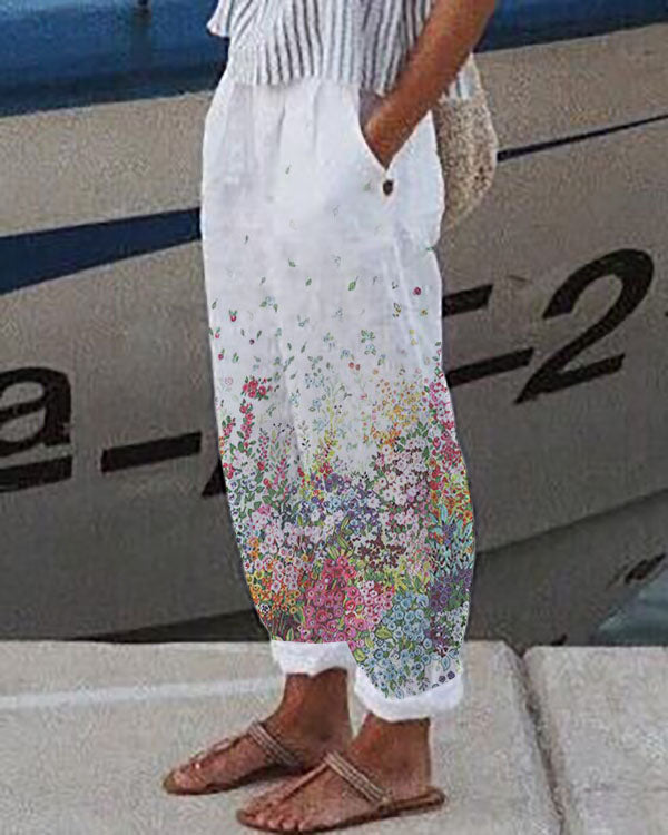 Pantalon décontracté à fleurs avec poches en lin et coton