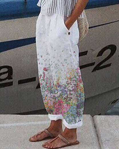 Pantalon décontracté à fleurs avec poches en lin et coton