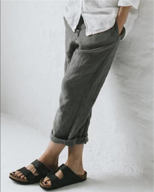 Pantalon d'extérieur quotidien en lin uni pour femmes, grande taille, décontracté