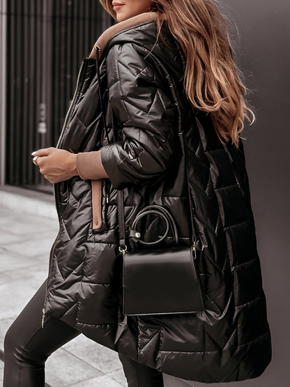 Manteau d'hiver à capuche et fermeture éclair de couleur unie pour femme