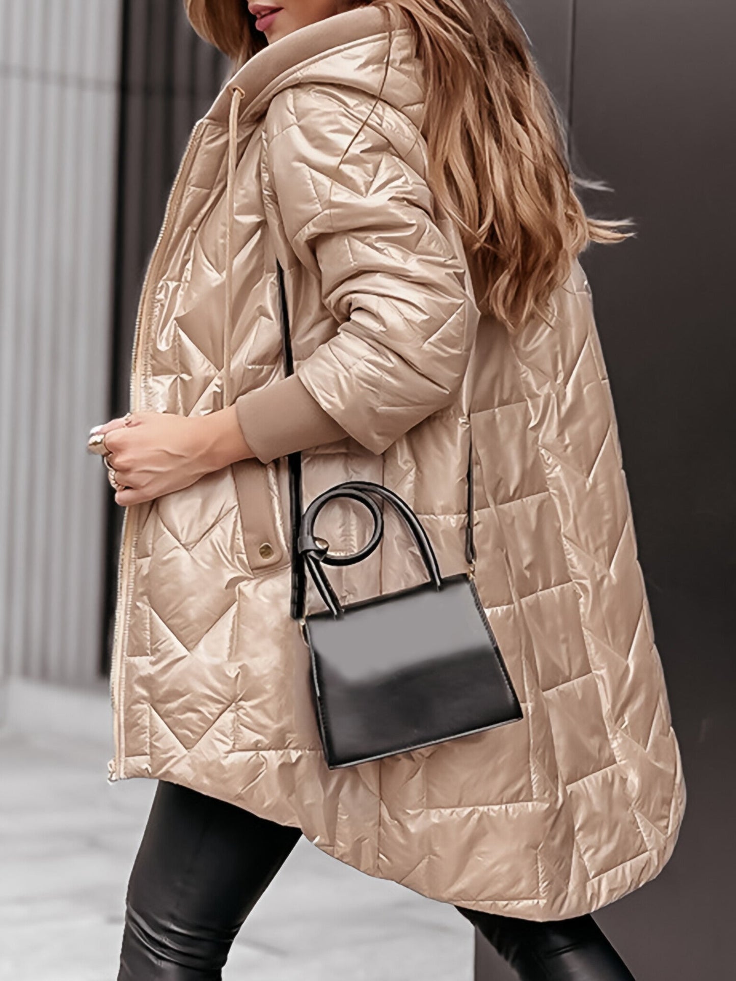 Manteau d'hiver à capuche et fermeture éclair de couleur unie pour femme