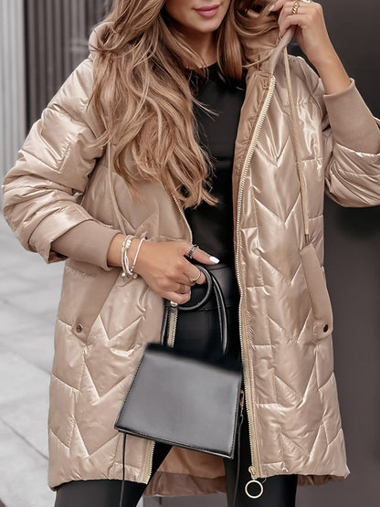Manteau d'hiver à capuche et fermeture éclair de couleur unie pour femme
