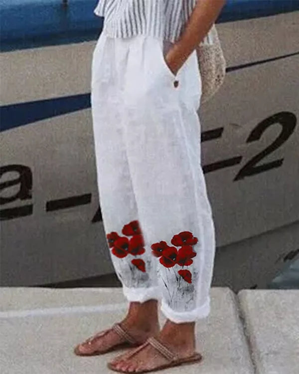 Pantalon décontracté à fleurs avec poches en lin et coton
