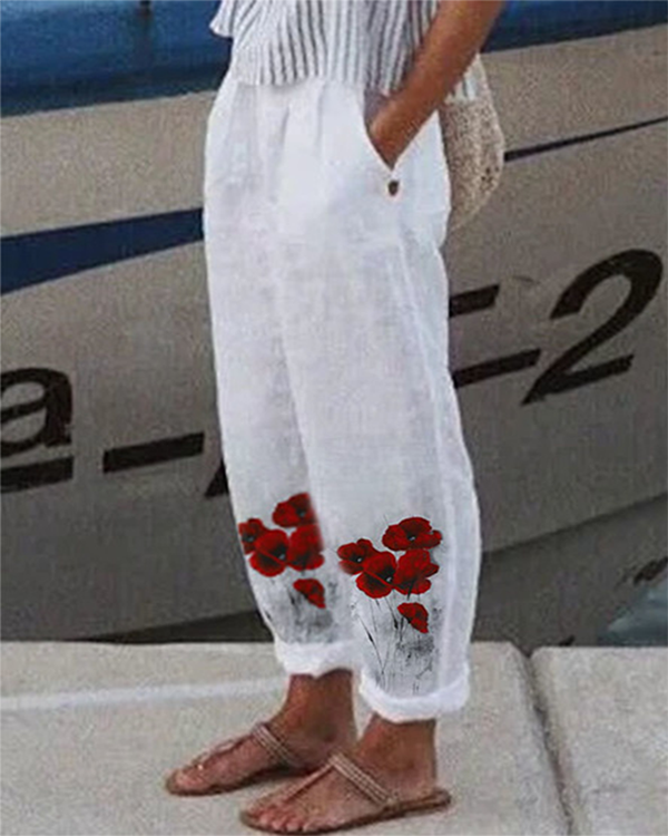 Pantalon décontracté à fleurs avec poches en lin et coton