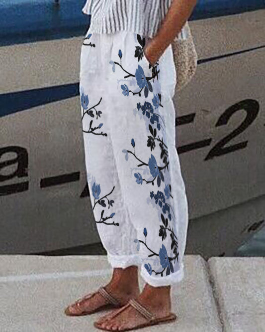 Pantalon décontracté à fleurs avec poches en lin et coton