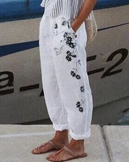 Pantalon décontracté à fleurs avec poches en lin et coton