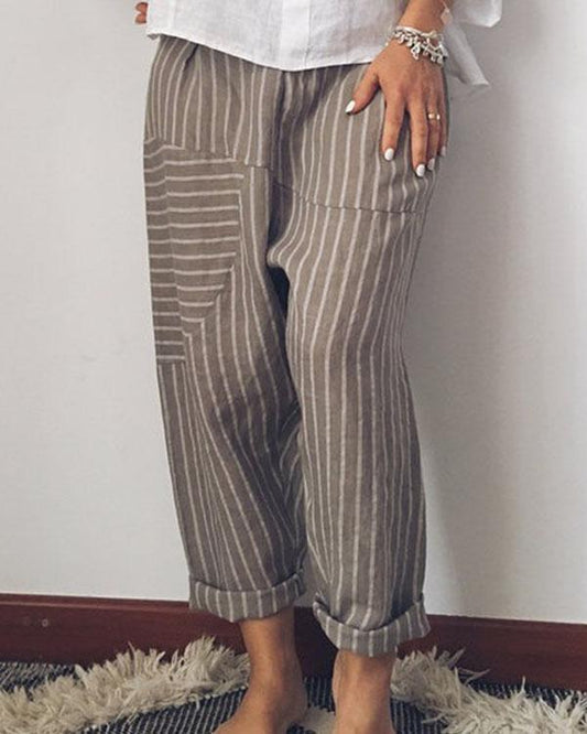 Pantalon en lin à jambes larges à rayures tendance