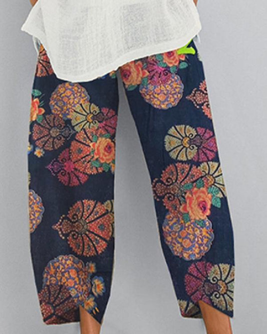 Pantalon court élastique imprimé en coton et lin