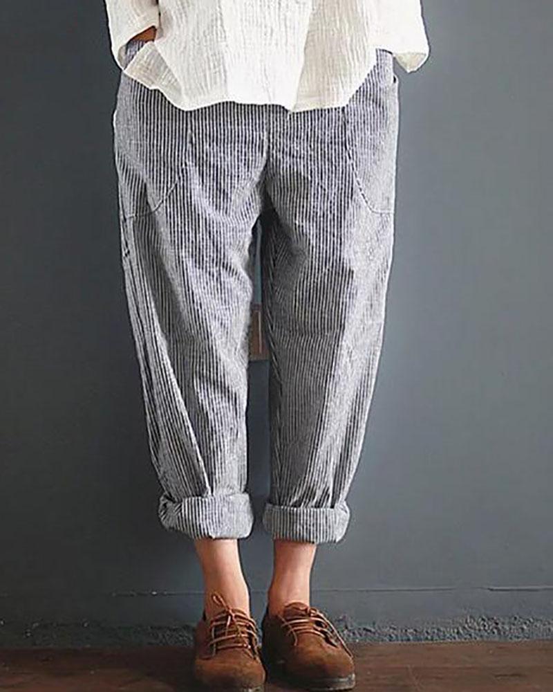 Pantalon décontracté en coton et lin avec poches rayées
