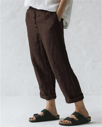 Pantalon d'extérieur quotidien en lin uni pour femmes, grande taille, décontracté
