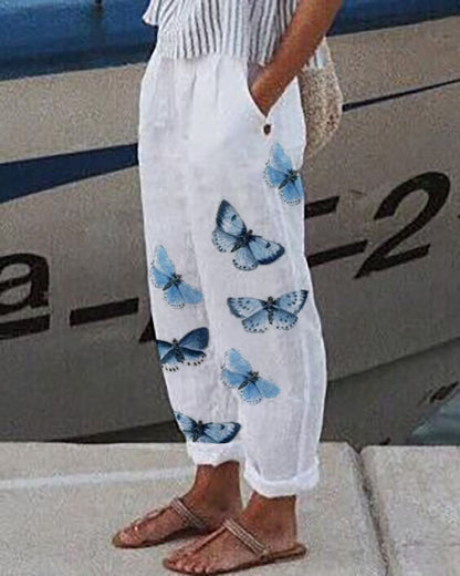 Pantalon décontracté à fleurs avec poches en lin et coton