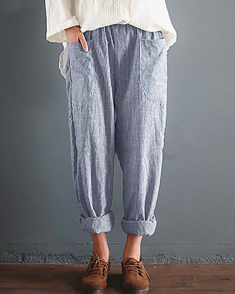 Pantalon décontracté en coton et lin avec poches rayées