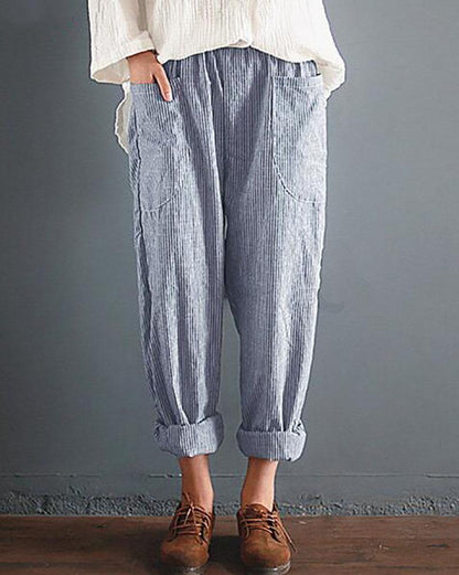 Pantalon décontracté en coton et lin avec poches rayées