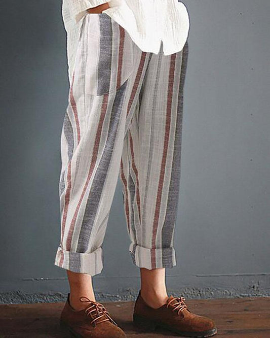 Pantalon décontracté en coton et lin avec poches rayées