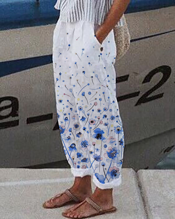 Pantalon décontracté à fleurs avec poches en lin et coton