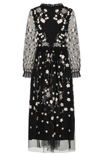 Robe midi noire brodée de fleurs