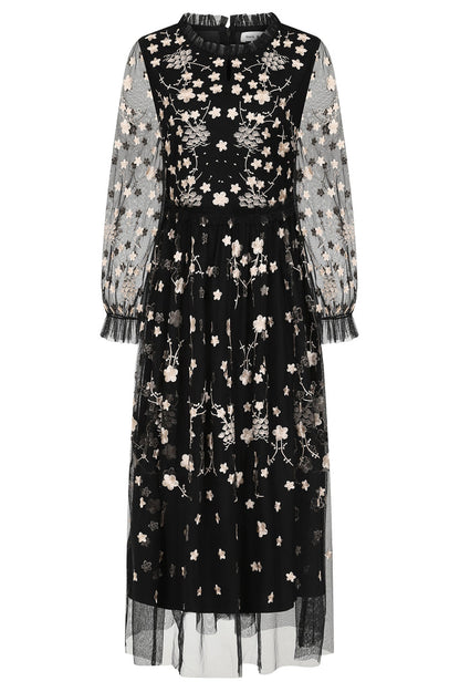Robe midi noire brodée de fleurs