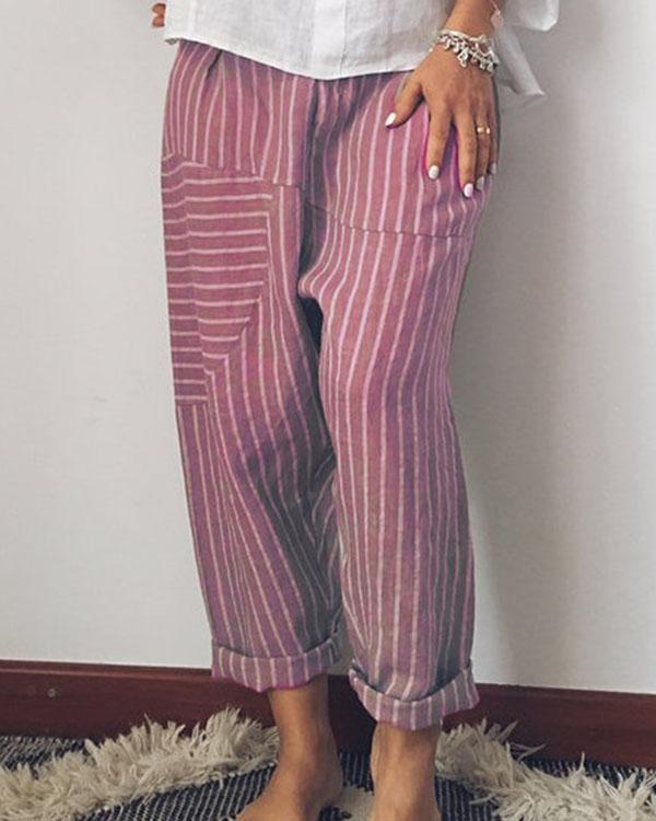 Pantalon en lin à jambes larges à rayures tendance