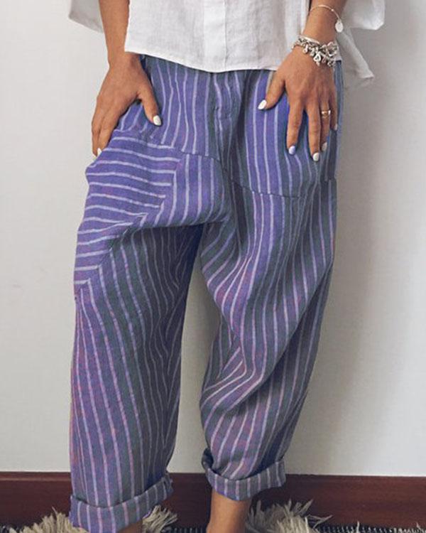 Pantalon en lin à jambes larges à rayures tendance