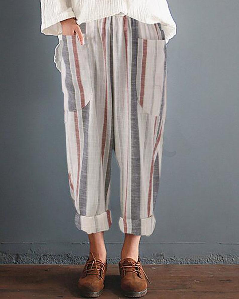 Pantalon décontracté en coton et lin avec poches rayées