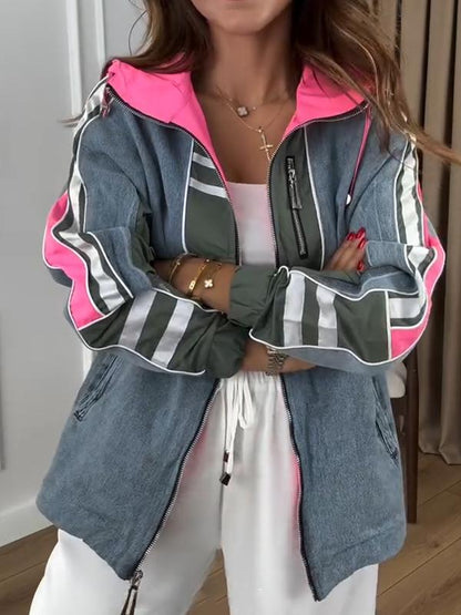 Manteau patchwork à capuche et manches longues pour femmes