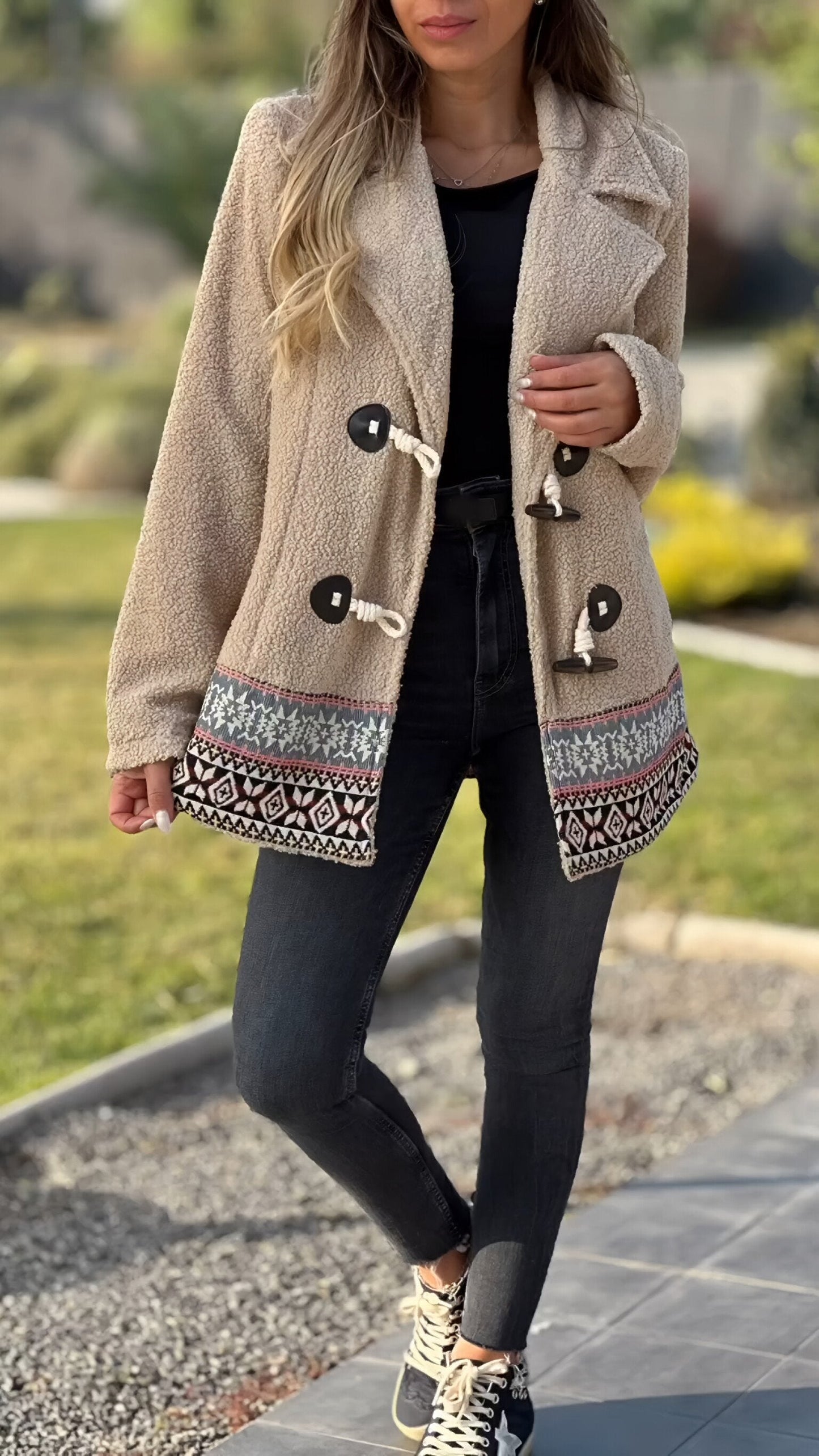 Duffle-coat à revers et manches longues pour femme