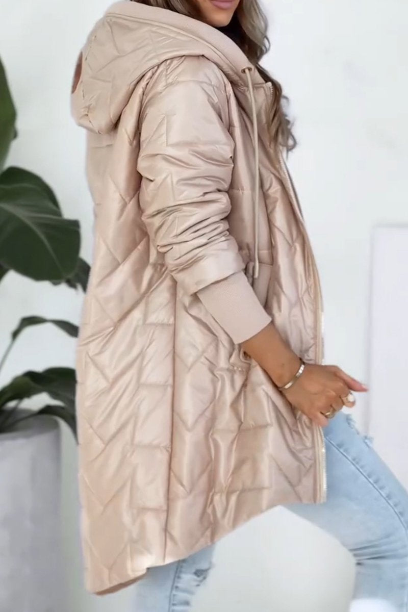 Manteau d'hiver à capuche et fermeture éclair de couleur unie pour femme