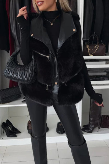 Manteau gilet décontracté en fausse fourrure patchwork en cuir pour femme