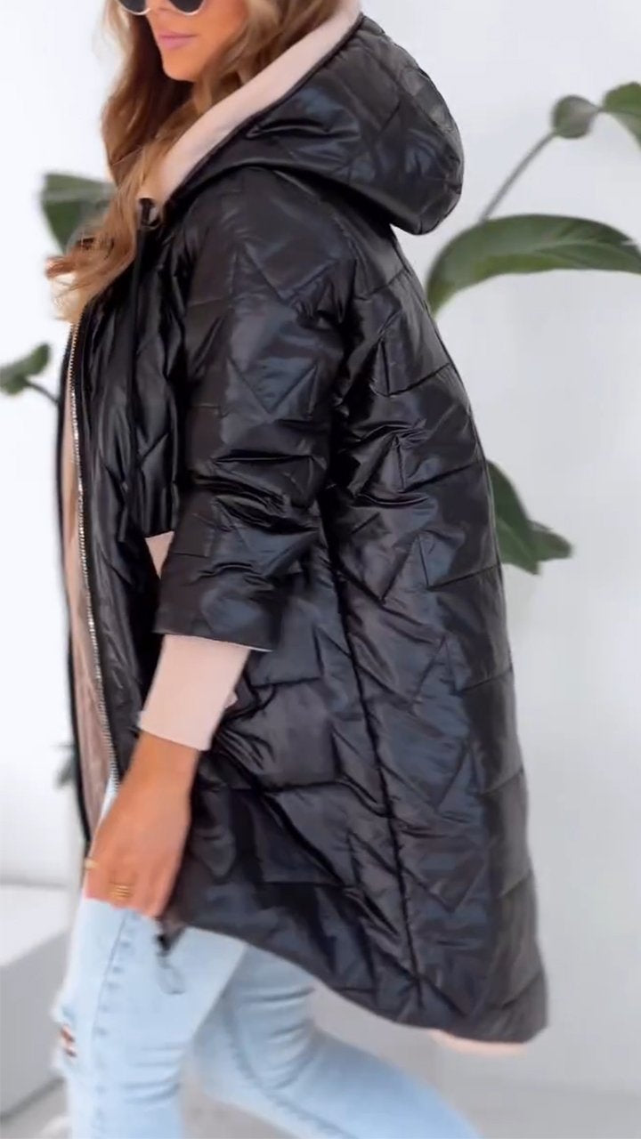 Manteau d'hiver à capuche et fermeture éclair de couleur unie pour femme