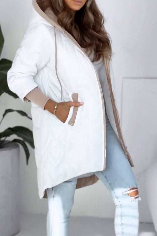 Manteau d'hiver à capuche et fermeture éclair de couleur unie pour femme