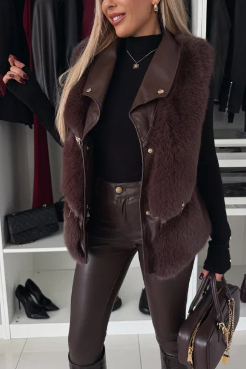 Manteau gilet décontracté en fausse fourrure patchwork en cuir pour femme