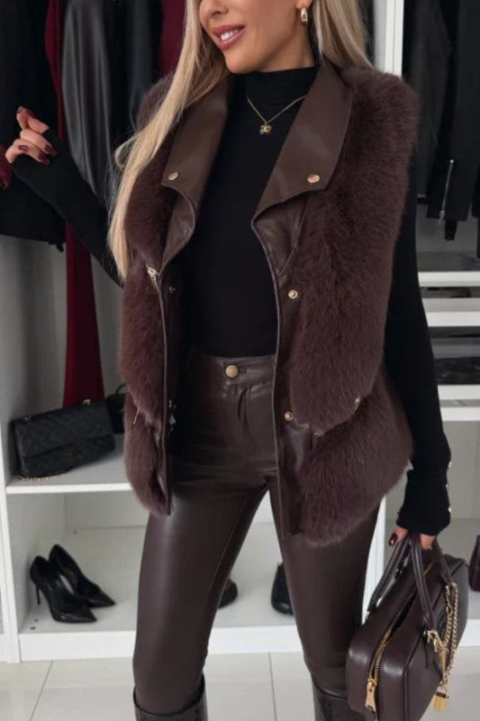 Manteau gilet décontracté en fausse fourrure patchwork en cuir pour femme