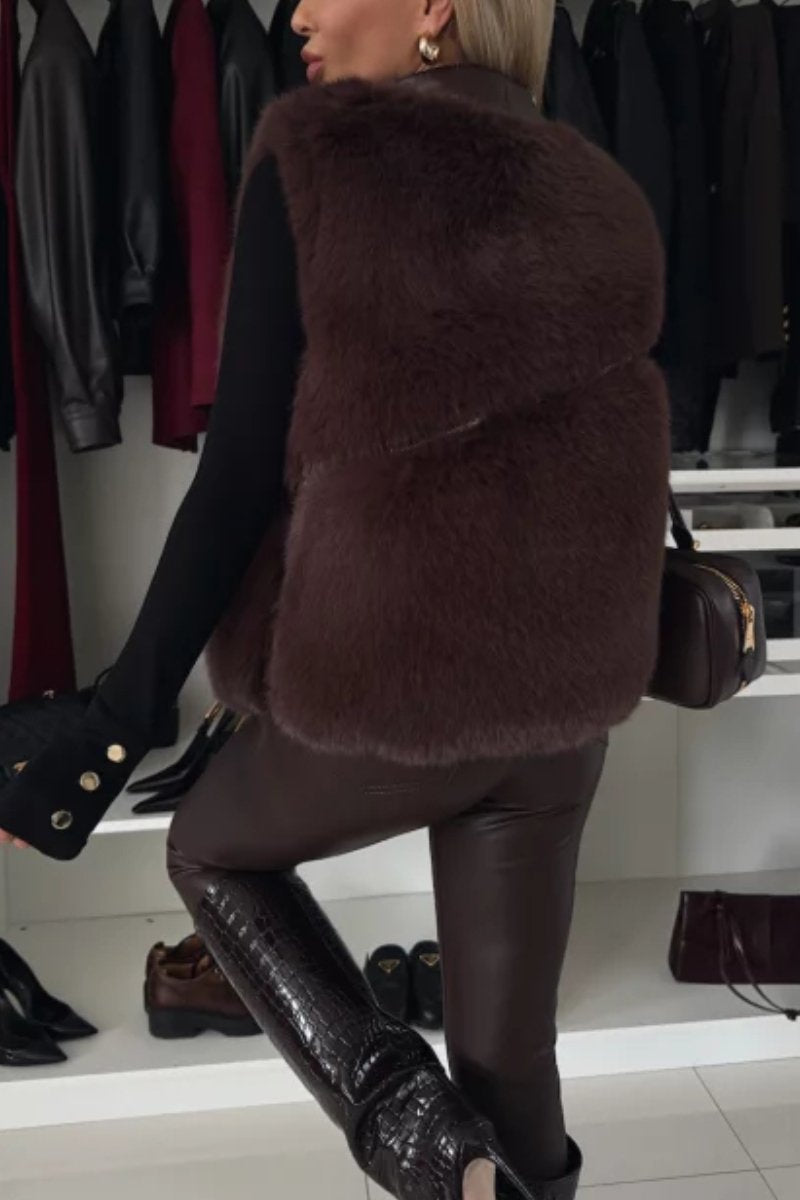 Manteau gilet décontracté en fausse fourrure patchwork en cuir pour femme