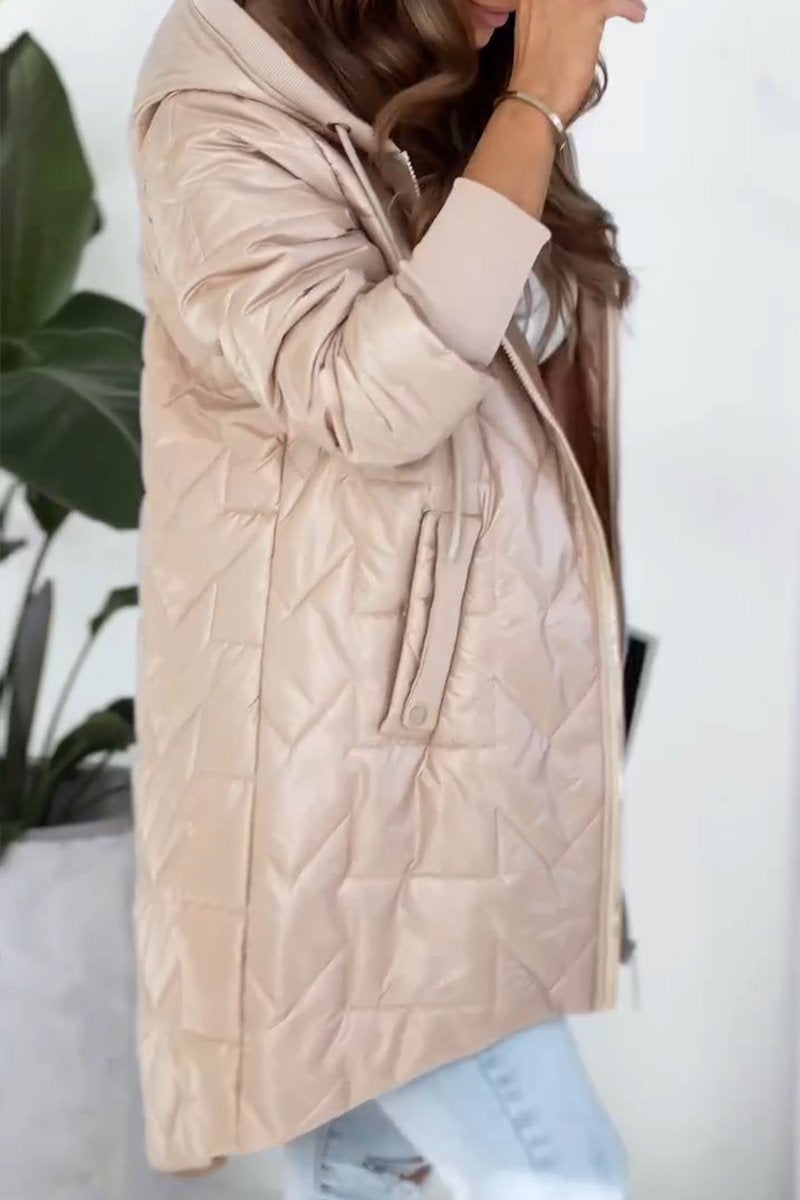 Manteau d'hiver à capuche et fermeture éclair de couleur unie pour femme