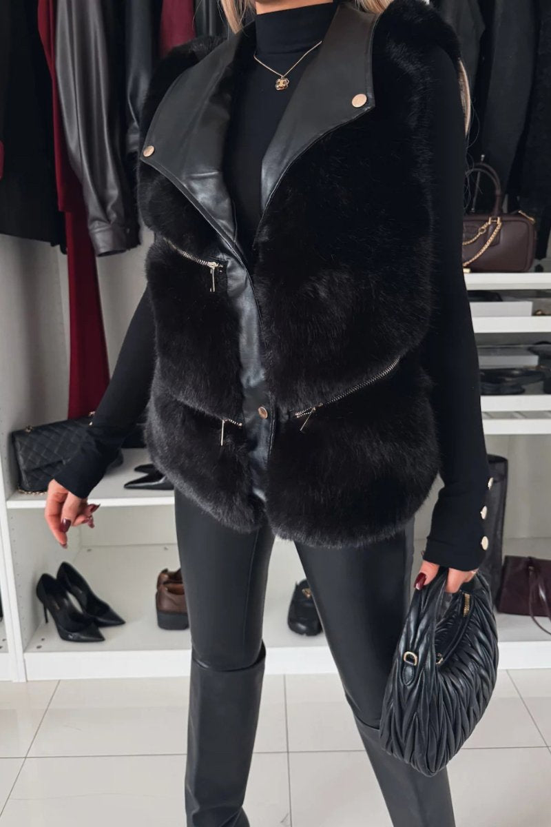 Manteau gilet décontracté en fausse fourrure patchwork en cuir pour femme