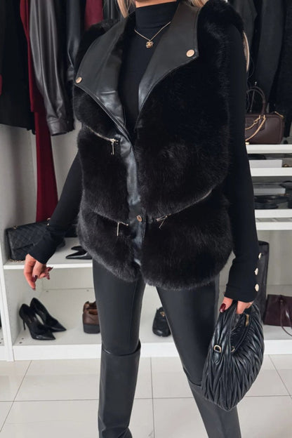 Manteau gilet décontracté en fausse fourrure patchwork en cuir pour femme