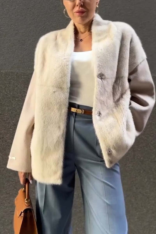 Manteau court d'hiver en laine épissée de fourrure à la mode pour femmes