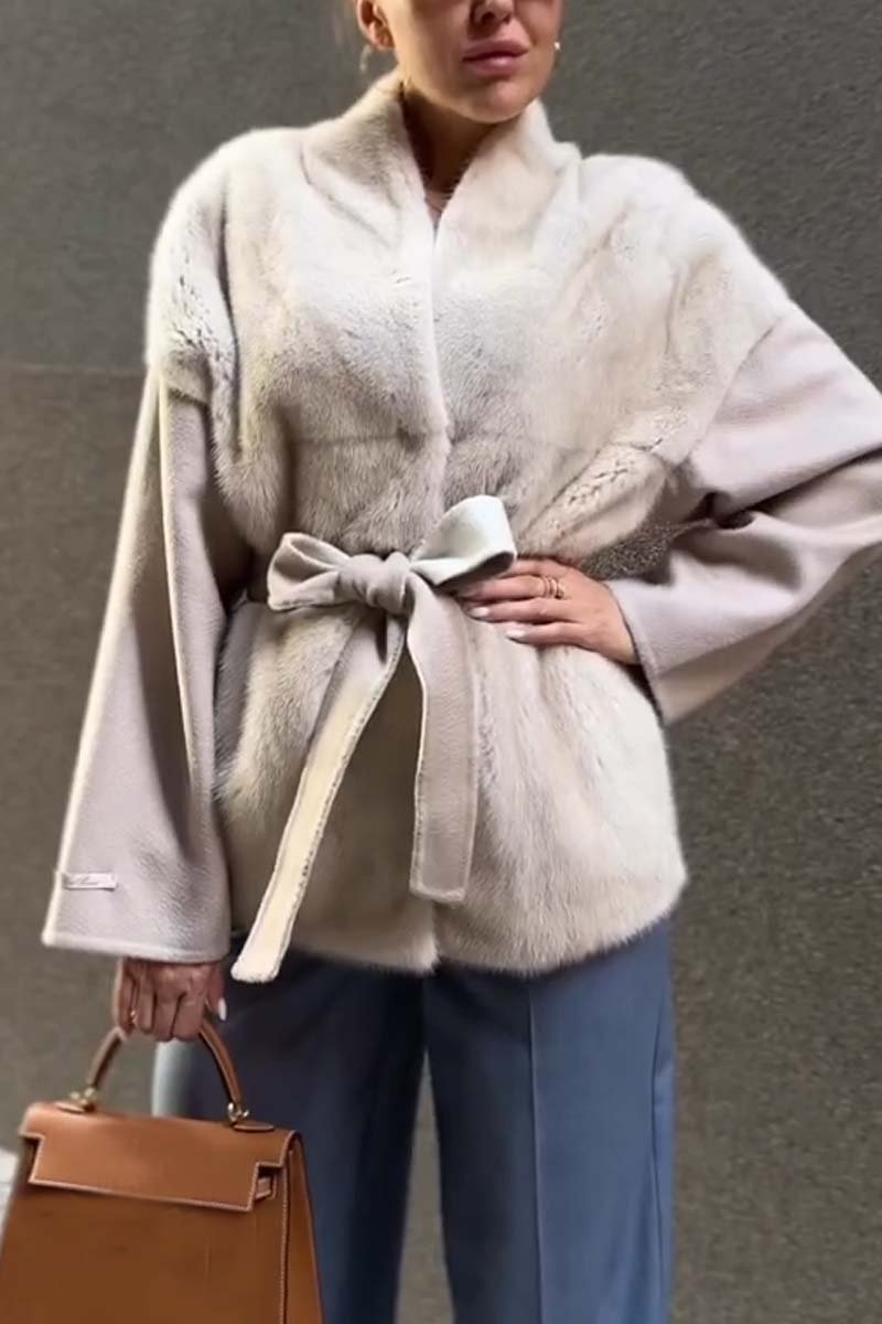Manteau court d'hiver en laine épissée de fourrure à la mode pour femmes