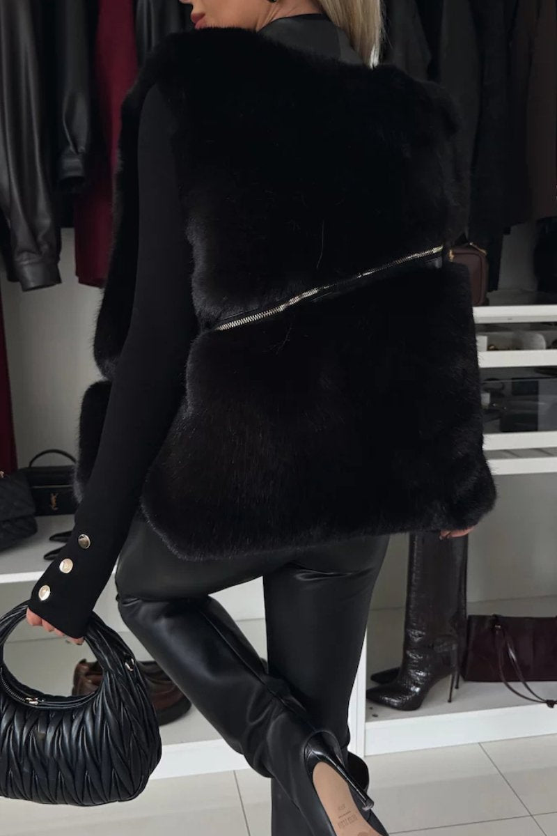 Manteau gilet décontracté en fausse fourrure patchwork en cuir pour femme