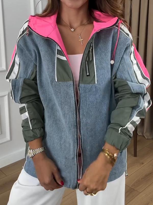 Manteau patchwork à capuche et manches longues pour femmes