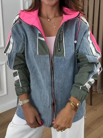 Manteau patchwork à capuche et manches longues pour femmes