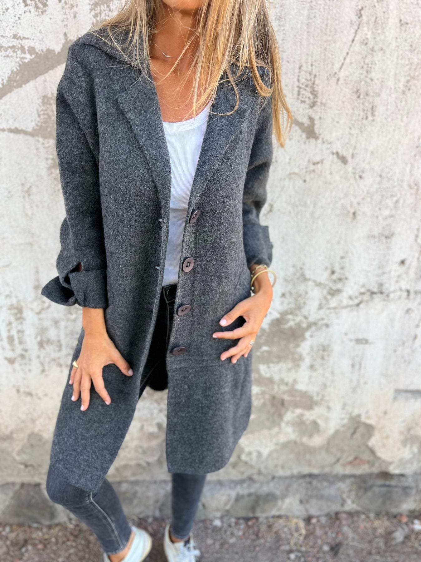 Manteau long décontracté à revers et simple boutonnage