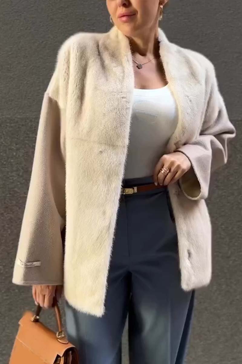 Manteau court d'hiver en laine épissée de fourrure à la mode pour femmes